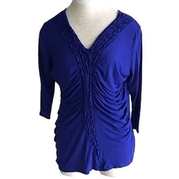 A New Approach Womens Ruched V-Neck Royal Blue 3/4 Sleeve Top Size Large - Picture 2 of 7